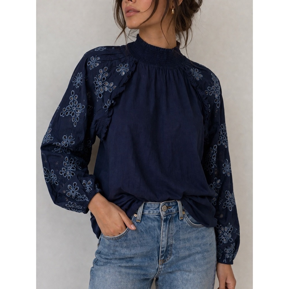 Mud Pie Navy Emilia Eyelet Top Smocked Neck Large Boho Coastal